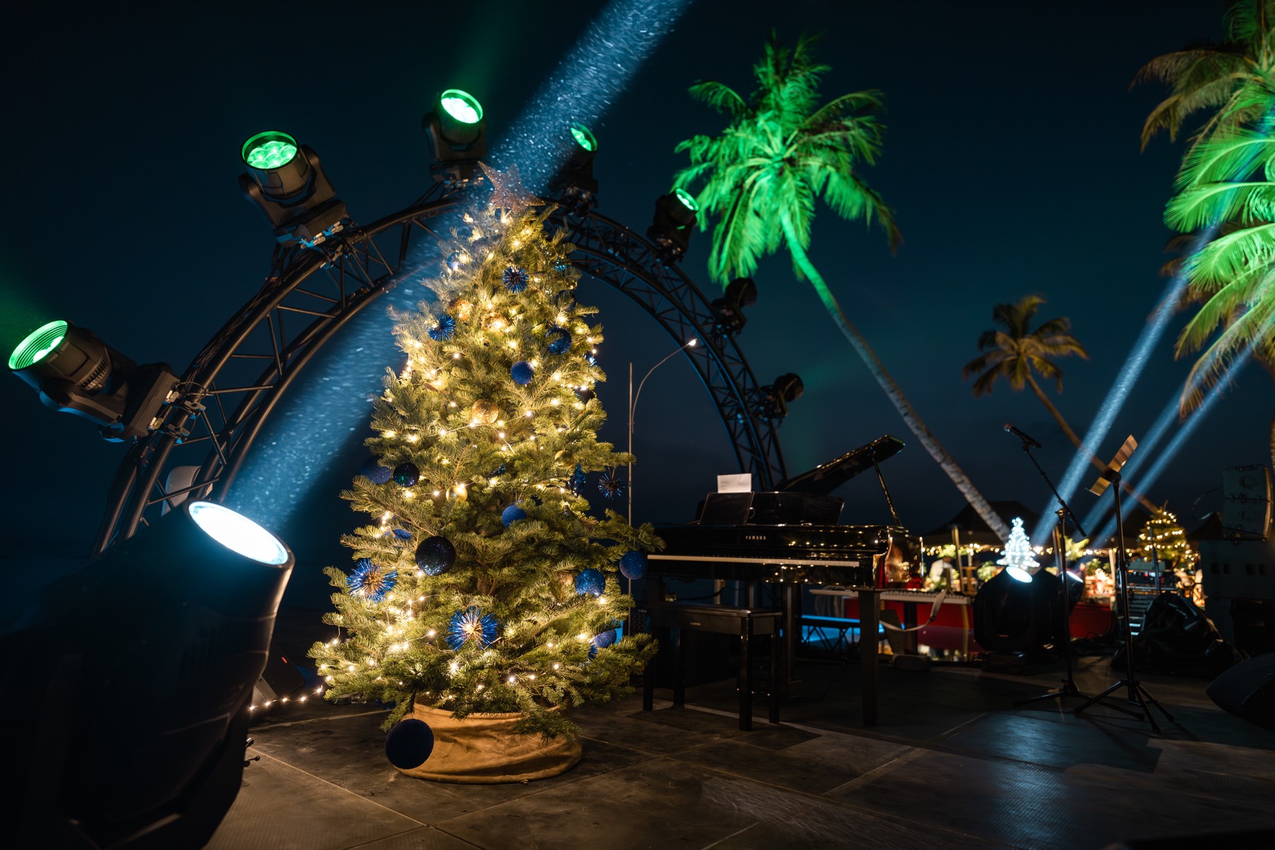 A lit tree and grand piano staged under palms, beams cutting through the night.